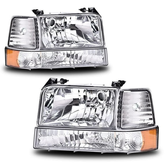 PIT66 Headlights w/Corner Signal Bumper Headlamps Fit for 1992-1996 Ford F150 F250 F350 Bronco Clear Lens Chrome Housing Amber Reflector