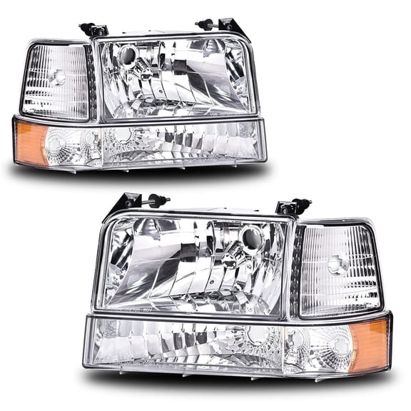 PIT66 Headlights w/Corner Signal Lamp Bumper Lamps Fit for 1992-1996 Ford F150 F250 F350 Bronco Clear Lens Chrome Housing Amber Reflector