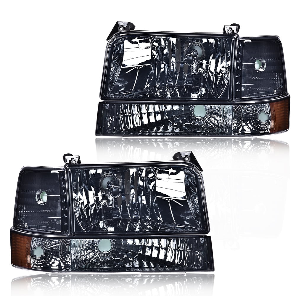 PIT66 Headlights, Fit for 1992-1996 Ford F150 F250 F350 Bronco Headlights with Corner Signal Bumper Lamps Smooky Lens Chrome Housing Amber Reflector
