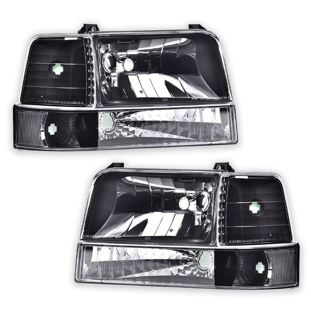 PIT66 Headlights HeadLamps w/Corner Signal Bumper Lamps Clear Lens Black Housing Clear Reflector Fit for 92-96 Ford F150/250/350 Bronco