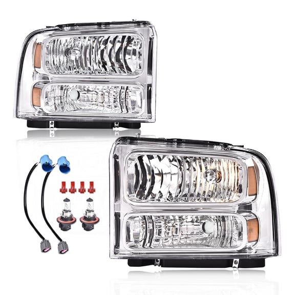 PIT66 Headlights, Fit for 99-04 Ford F250 F350 F450 F550 Super Duty/00-04 Ford Excursion Clear lens Chrome Housing Amber Reflector with Harness