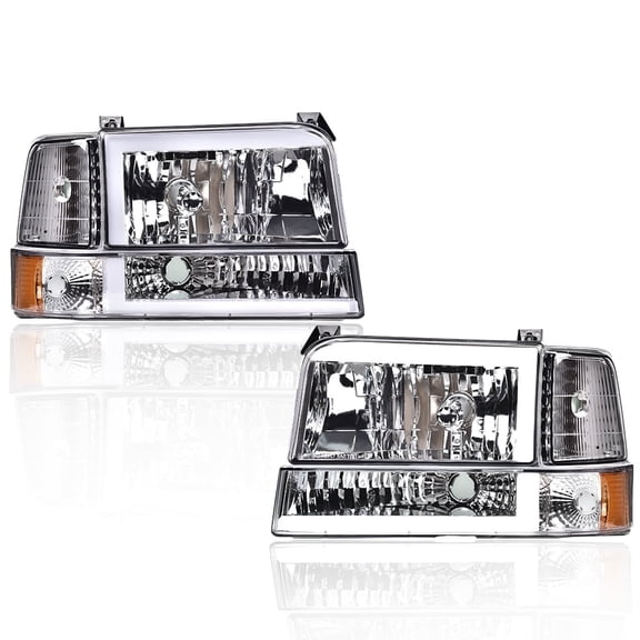 PIT66 LED BAR Headlights HeadLamps w/Corner Signal Bumper Lamps Clear Lens Chrome Housing Amber Fit for 1992-1996 Ford F150/250/350 Bronco
