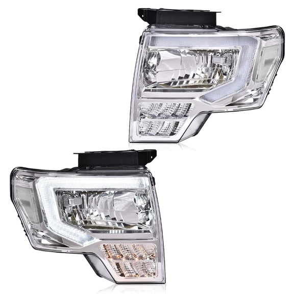 PIT66 Pair LED DRL Headlights Fit for 2009-2014 Ford F150 Truck Front Headlamps Clear Lens Chrome Housing Clear Reflector