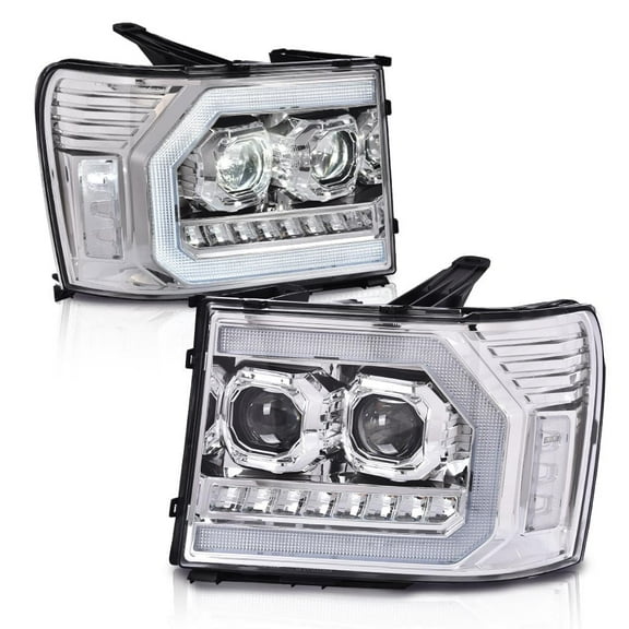 PIT66 LED DRL Tube Projector Headlights Fit for GMC Sierra 1500 2007-2013/Fit Sierra 2500HD 3500HD 2007-2014, 20980241, 20980242, 22853030 Clear&nbsp;lens&nbsp;Chrome