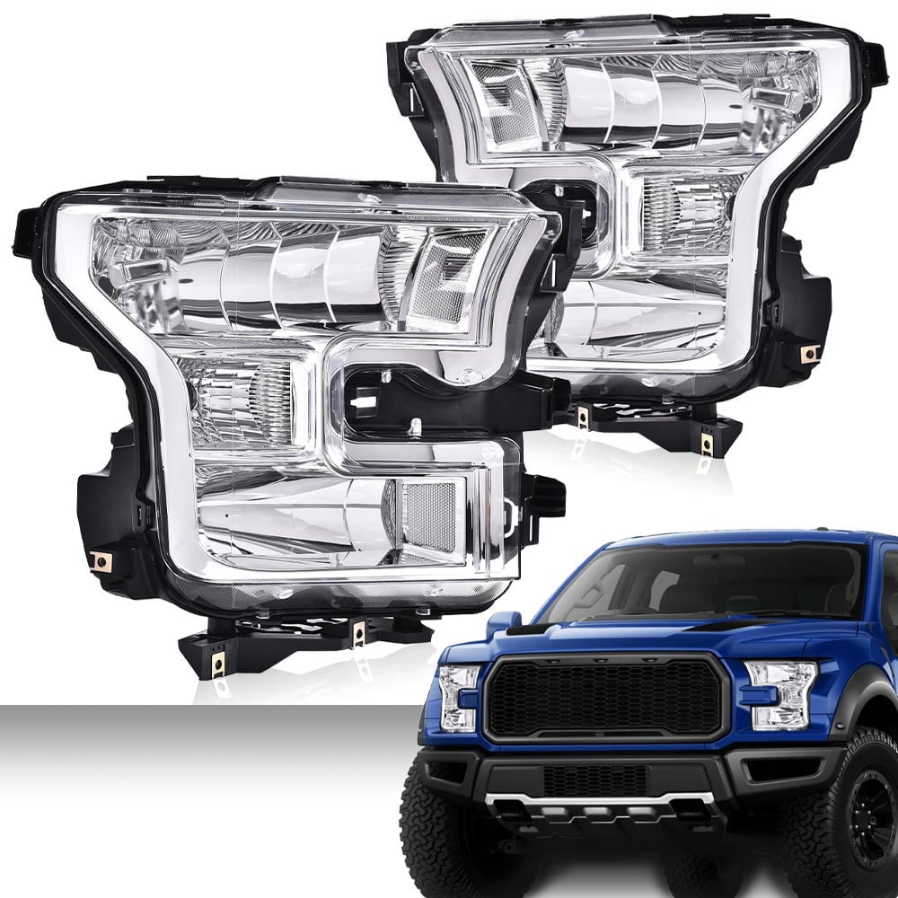 PIT66 LED Headlight Fit for 09-14 Ford F150 2009-2014, Left and Right Driver & Passenger (Basic Style, Clear Lens Chrome Housing Amber Reflector)