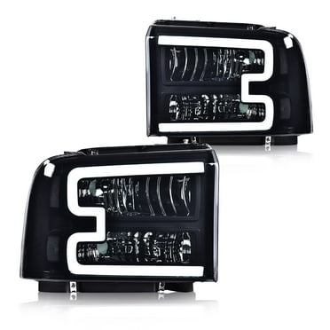 PIT66 LED Headlights Headlamp Smoky Lens Black Housing Clear Reflector Fit for 2005-2007 Ford F250 F350 F450 F550 Super Duty/ 2005 Ford Excursion,(Not Fit Sealed Beam Headlight model)