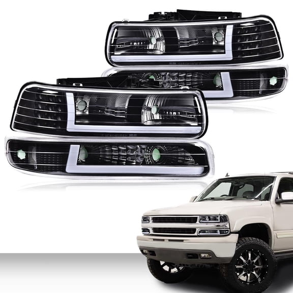 PIT66 LED Headlights Headlamps Clear Lens Black Housing Clear Reflector Fit for Chevy Silverado 1500 2500 99-02/Silverado 1500HD 2500HD 3500 01-02/Tahoe Suburban 1500 2500 00-06