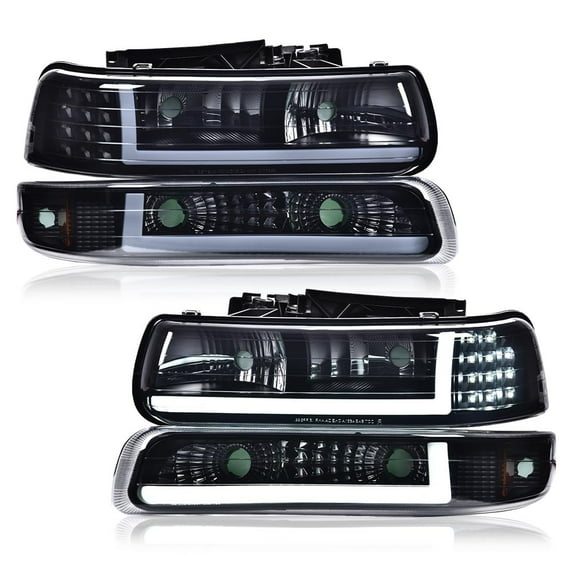 PIT66 LED Headlights, Fit For 99-02 Chevy Silverado/01-02 Silverado 1/00-06 Tahoe Suburban Smoky Lens Black Housing Amber Reflector