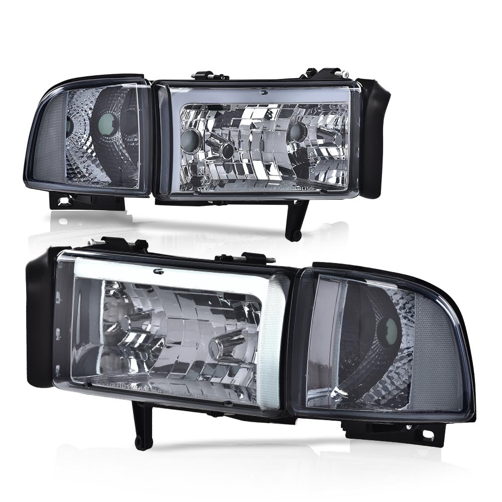 PIT66 LED DRL Headlights Assembly For 2002-2005 Dodge Ram 1500/2500/3500 – Smoky Lens, Black Housing