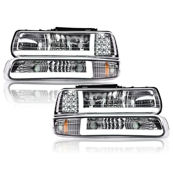 PIT66 LED Headlights, fit for 99-02 Chevy Silverado 1500 2500 Clear Lens Chrome Housing Amber Reflector