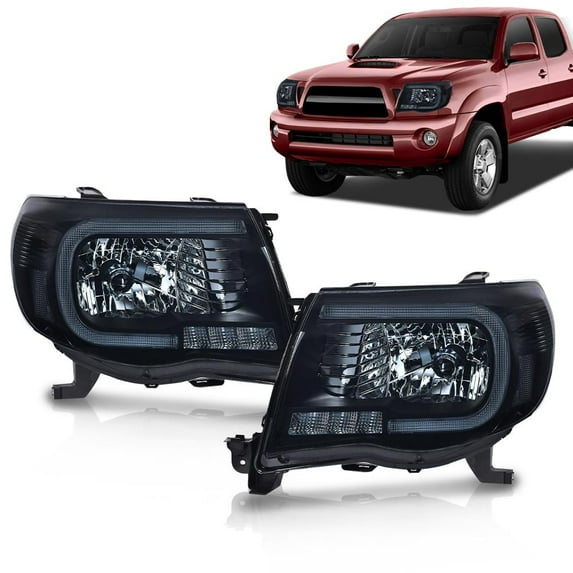 PIT66 LED Tube Projector Headlights Headlamps W/O Bulbs Smoke Lens Black Housing Clear Reflector Fit for Toyota Tacoma 2005-2011 8115004163, 8111004163, 8115004173, TO2502157, TO2503157