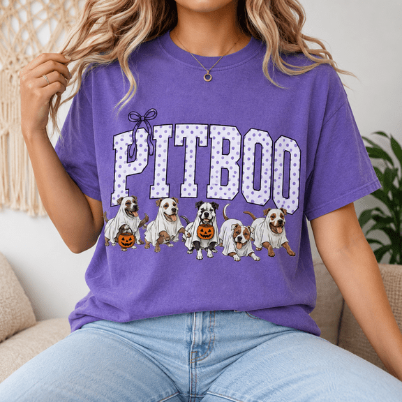 PITBOO Halloween Pit Bull T-Shirt, Funny Ghost Pitbull Graphic Tee, Cute Spooky Season Dog Lover Gift Shirt