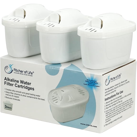 PITCHER OF LIFE Alkaline Water Filter Replacement 3-Pack - NSF/ANSI 42 & 61 Certified, 6-Stage Filtration, Removes Chlorine, pH 8.5-9.5, 40 Gallons per Filter