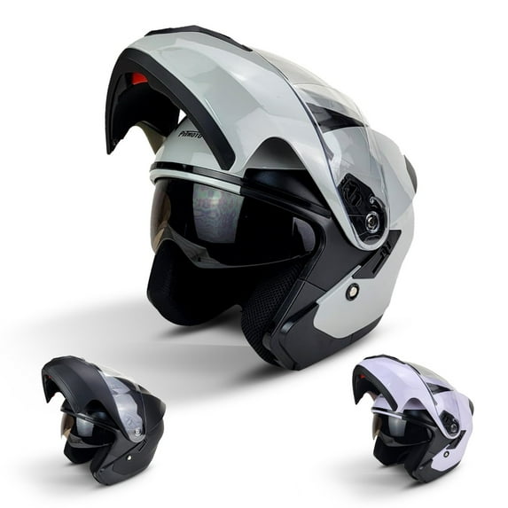 PITMOTO PM-516 Dual Visor Modular Flip-Up Motorcycle Helmet-Gray-Medium
