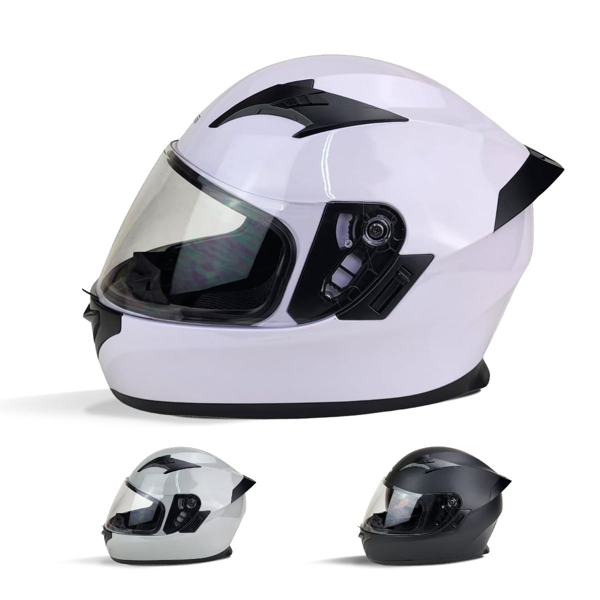 PITMOTO PM-888, Full Face Dual Visor DOT Approved Motorcycle Helmet-White-X-Large
