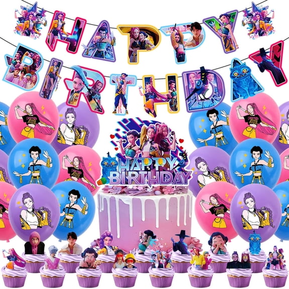 PIUMOJ  KPOP Girl Group Birthday Party Decorations Set  Includes Balloons, Banners, and Cake Toppers  Perfect for Anime and Cartoon-Themed Celebrations