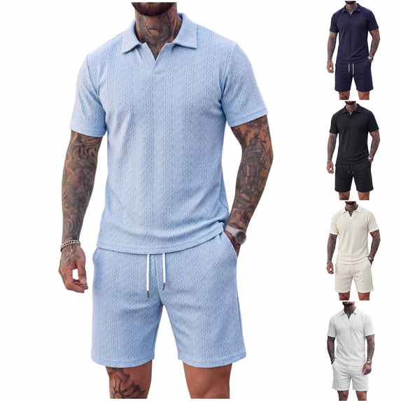 PIWHJQK 2 Piece Set Men Short Sleeve Shorts Workout Set Men's Solid Short Sleeve Elastic Waist Shorts 2 Piece Set Men Outfit Sets