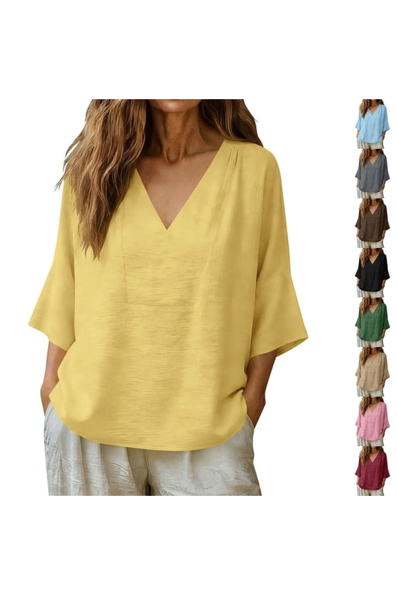 3/4 Length Sleeve Women Tops Dressy Casual Blouses Womens Solid V Neck Shoulder Ruching 3/4 Sleeve Loose Casual Top Women Blouses
