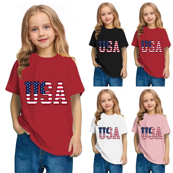 PIWHJQK Boys Girls Cotton Casual T Shirts Kids Independence Day Print Short Sleeve Cotton Round Neck Top Summer Tees