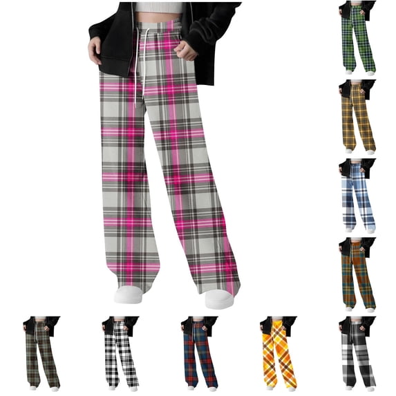 PIWHJQK Boys Girls Long Pants Loungewear Pants Girls Plaid Sweatpants Drawstring Wide Leg Pockets Warm Winter Lightweight Long Pants