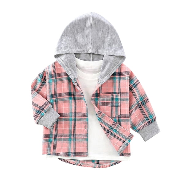 PIWHJQK Boys Girls Long Sleeve Button Down Cardigan Kids Plaid Hooded Button Long Sleeve Tops Fall Kids Tops