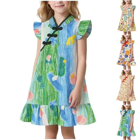 PIWHJQK Girls Casual Dresses Girls Print Sleeveless V Neck Dress With Cap Sleeves And Button Collar Qipao Look Summer Dress Sundress