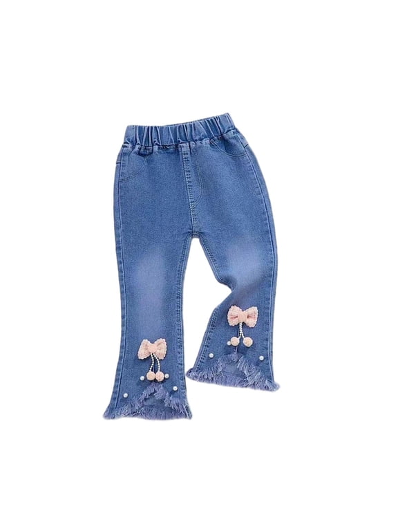 Girls Denim Pants Toddler Girls Flared Denim Pants Beaded Elastic Waist Jeans Casual Outfits