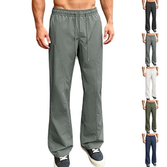 PIWHJQK Men Casual Long Pants With Pockets Mens Solid Hiking Pants Drawstring Elastic Waist with Pockets Men Trousers
