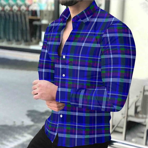 PIWHJQK Men Long Sleeve Button Down Shirts Men Long Sleeve Plaid Button Front Collar Casual Shirt Casual Shirts