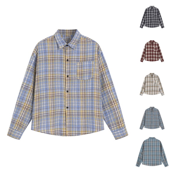 PIWHJQK Men Long Sleeve Button Down Shirts Men Plaid Print Casual Button Pocket Long Sleeve Collar Shirt Casual Shirts