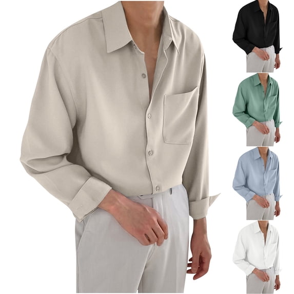PIWHJQK Men Long Sleeve Button Down Shirts Men Solid Long Sleeve Button Down Collar Pocket Shirt for Casual Casual Shirts