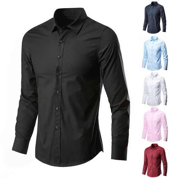PIWHJQK Men Long Sleeve Button Shirts Men Long Sleeve Solid Poplin Collared Button Front Business Shirt Casual Shirts