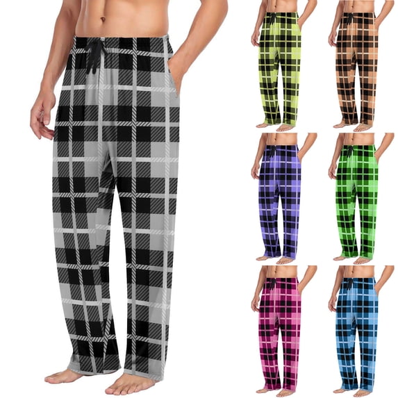 PIWHJQK Men Pajama Pants Straight Leg Pant Men's Plaid Print Drawstring Waist 2 Pockets Straight Leg Loungewear Pants Men Sleepwear