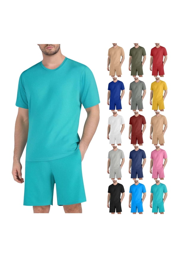 Men Short Sleeve Shorts Workout Tees Set Men's Solid Crew Neck Short Sleeve Drawstring Shorts Beach Run Set Men Outfit Sets