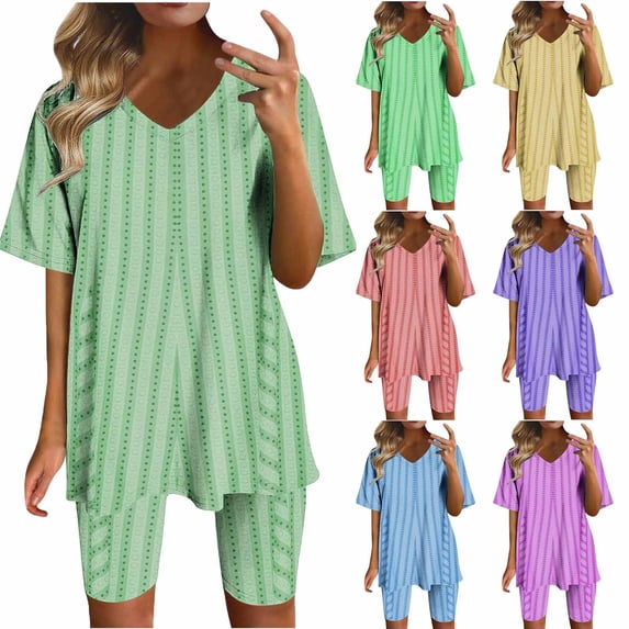 PIWHJQK Women 2 Piece Tops Shorts Set Loungewear Set Women's Fashion V Neck Short Sleeve Print Casual Top and Shorts Set Outfits Set