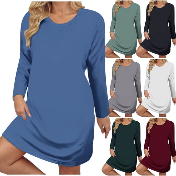 PIWHJQK Women Casual Long Sleeve Midi Dress Women Solid Long Sleeve Crew Neck Dress Plus Size Loose Fall Winter Dress Summer Dress