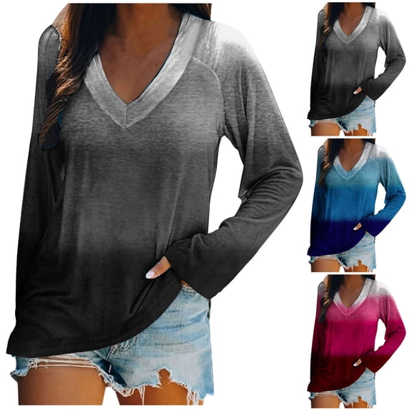 PIWHJQK Women Casual Long Sleeve Shirts Womens Print Double V Neck Long Sleeve Fall Winter Top Women Blouses