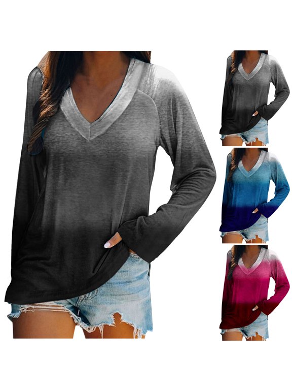 Women Casual Long Sleeve Shirts Womens Print Double V Neck Long Sleeve Fall Winter Top Women Blouses