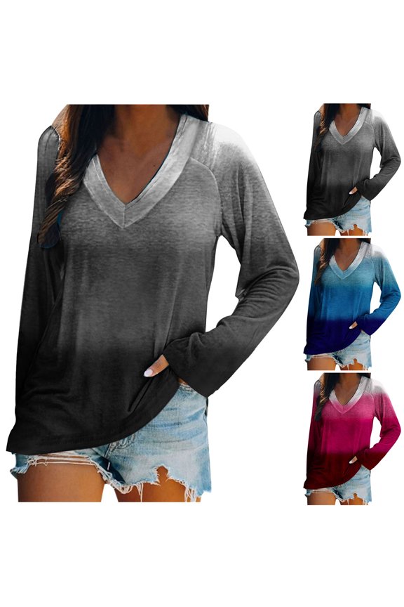 Women Casual Long Sleeve Shirts Womens Print Double V Neck Long Sleeve Fall Winter Top Women Blouses