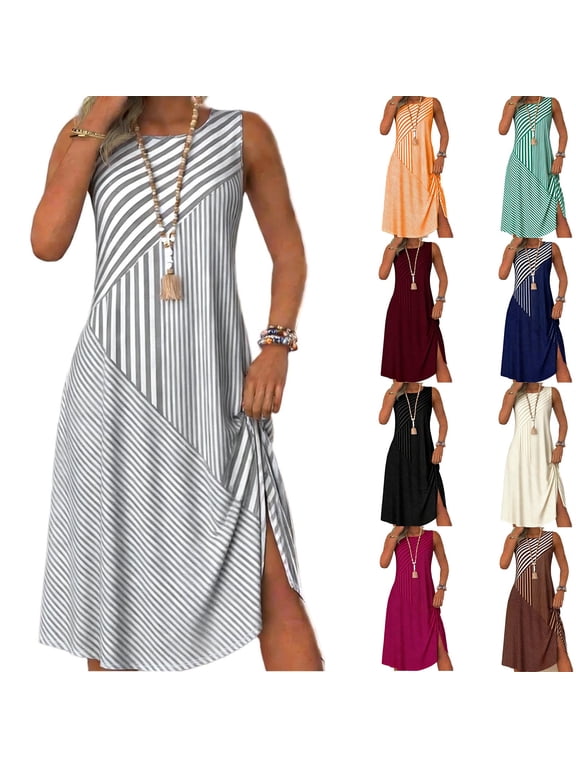 Women Casual Sleeveless Midi Dress Women Striped Sleeveless Crew Neck Dress Patchwork Casual Dress Summer Dress