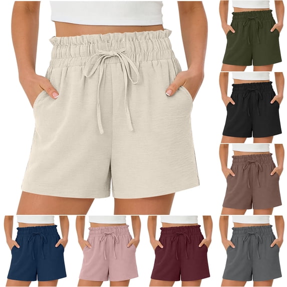 PIWHJQK Women Cotton and Linen Drawstring Shorts Women's 5 Inch Linen Shorts Solid Drawstring Waist With Pockets Bottoms