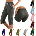 thumbnail image 1 of PIWHJQK Women Drawstring Waist Capris Pants Women's Solid Color Capris with Back Pockets Drawstring Waist Leg Slit Loungewear Pants, 1 of 8