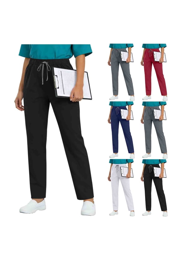 Women Nursing Uniform Pants Workwear Solid Work Pants Women Straight Leg Drawstring Elastic Waist Multi Loungewear Pants