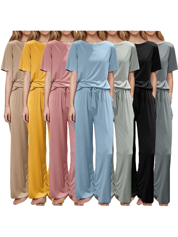 Women Pajama Sets 2 Piece Loungewear Sets Women's Solid Color Soft Summer Thin Short Sleeve Large Size Home Wear 2 piece Set Sleepwear