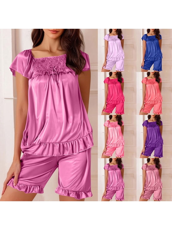 Women Pajama Sets 2 Piece Loungewear Sets Women's Summer Solid Color Ice Silk Nightdress Soft And Comfortable Suits Home Pajamas Sleepwear