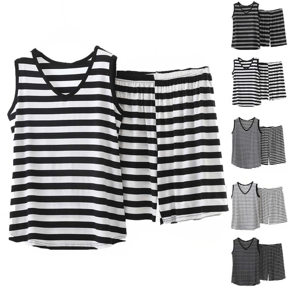 PIWHJQK Women Summer Outfits Set Athletic Tank Tops Set Women Activewear Set Striped Sleeveless V Neck Tank And Elastic Waist Shorts Outfits Set