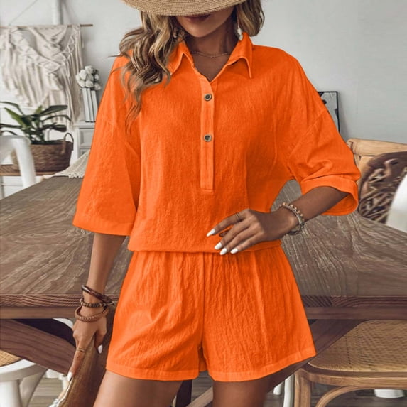 PIWHJQK Women Summer Outfits Set Loose Collared Set Women Solid Color Shirt Set Loose Style Collared Sleeve With Pockets Casual Wear Outfits Set