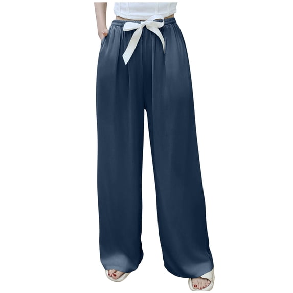 PIWHJQK Women Wide Leg Elastic Waist Casual Pants Women Solid Rayon Pants Wide Leg Elastic Waist with Pockets Loungewear Pants