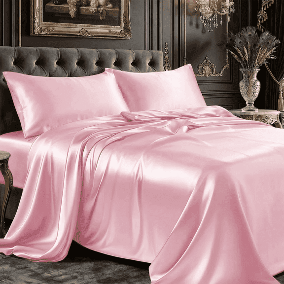 PixelForge Full Satin Sheet Set, Silky Satin Bed Sheets, Silk-Like Sheets for Hair & Skin, 4 Piece, Pink, 14" Deep Pocket