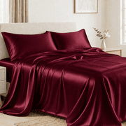 PixelForge Queen Satin Sheet Set, Silky Satin Bed Sheets, Silk-Like Sheets for Hair & Skin, 4 Piece, Burgundy, 14" Deep Pocket